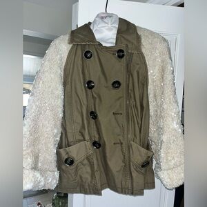 Anthropologie Olive Green Trench Coat with Cream Sequin Sleeves